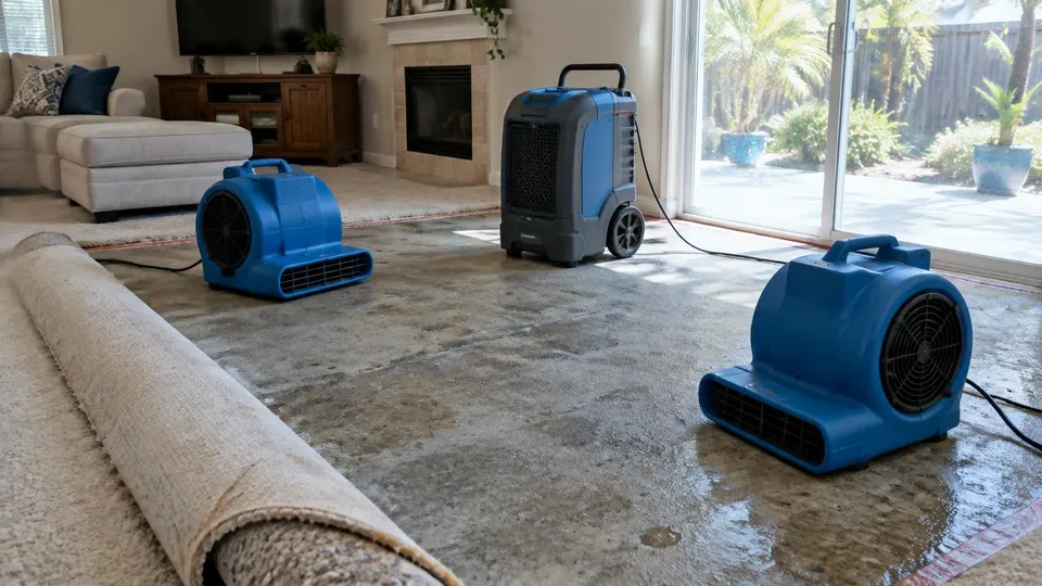 Generated illustration of air movers and a dehumidifier drying a family room floor with the carpet rolled back