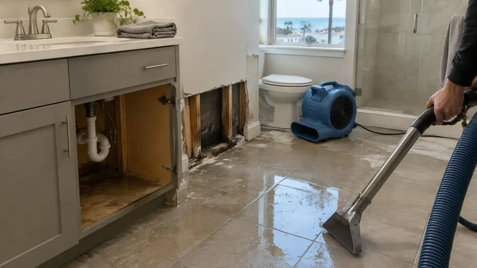 Generated illustration of a wet bathroom floor being extracted beside an opened vanity and cut drywall