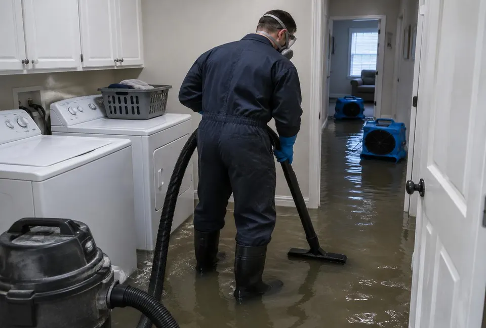 Generated illustration of a technician in coveralls, gloves and a respirator extracting murky water in a laundry room