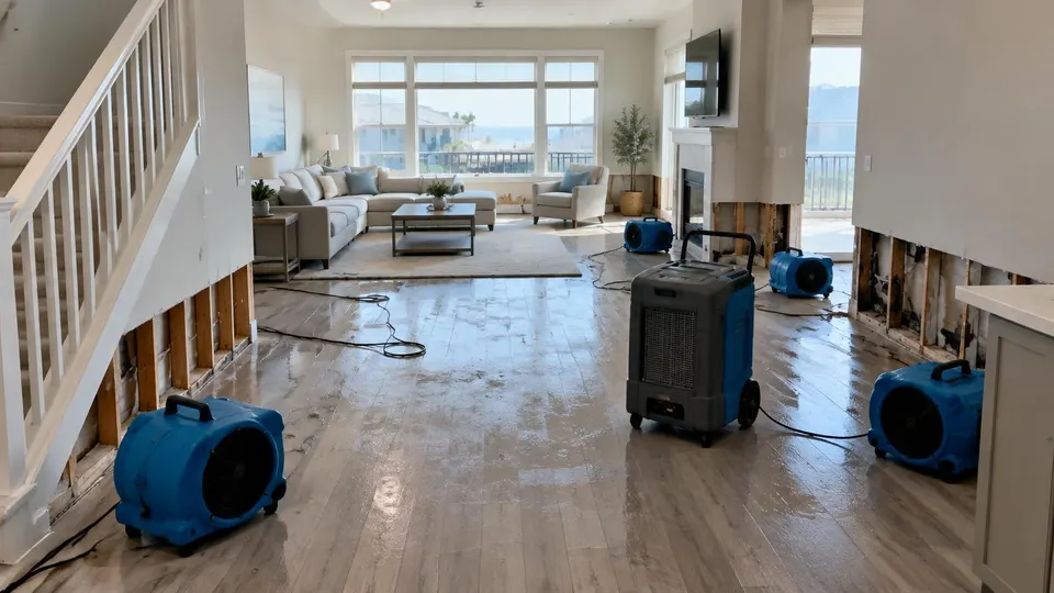 Generated illustration of air movers and a dehumidifier drying a townhome living area with opened lower walls