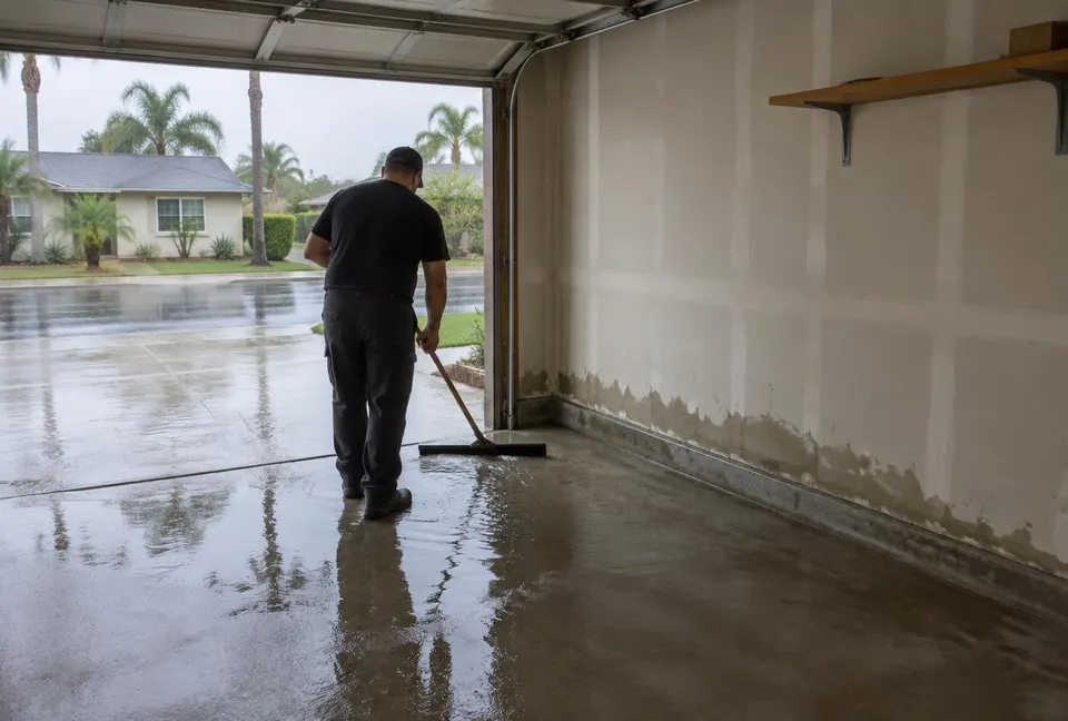 Generated illustration of a technician pushing standing water toward an open garage door after rain