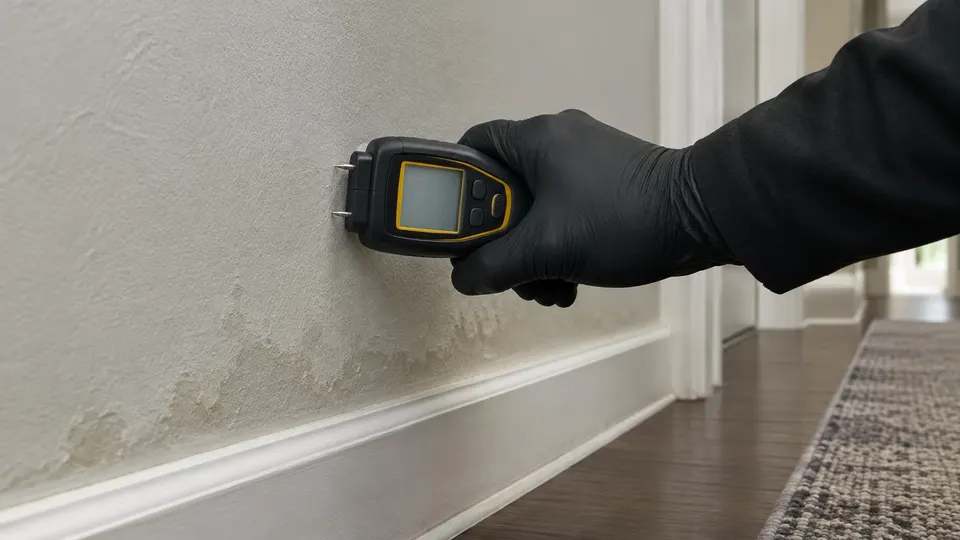 Generated illustration of a gloved hand pressing a moisture meter against discolored drywall near a baseboard