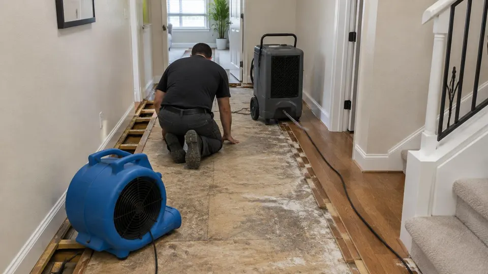 Generated illustration of a technician kneeling on an exposed subfloor in a hallway with drying equipment