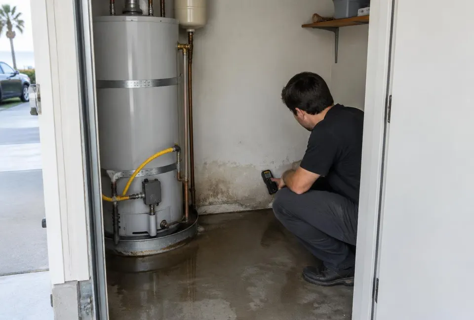 Generated illustration of a technician checking drywall with a moisture meter beside a leaking tank water heater