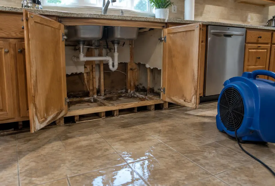 Generated illustration of open kitchen sink cabinets with removed drywall and an air mover on a wet tile floor